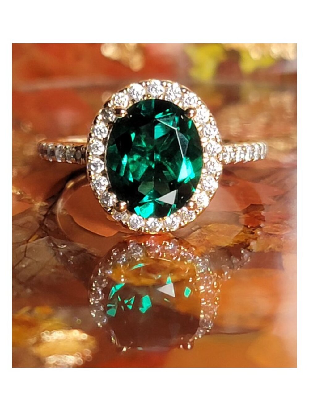 3ct Lab Grown Emerald Halo Ring Silver Champagne Gold Size 7 NWT